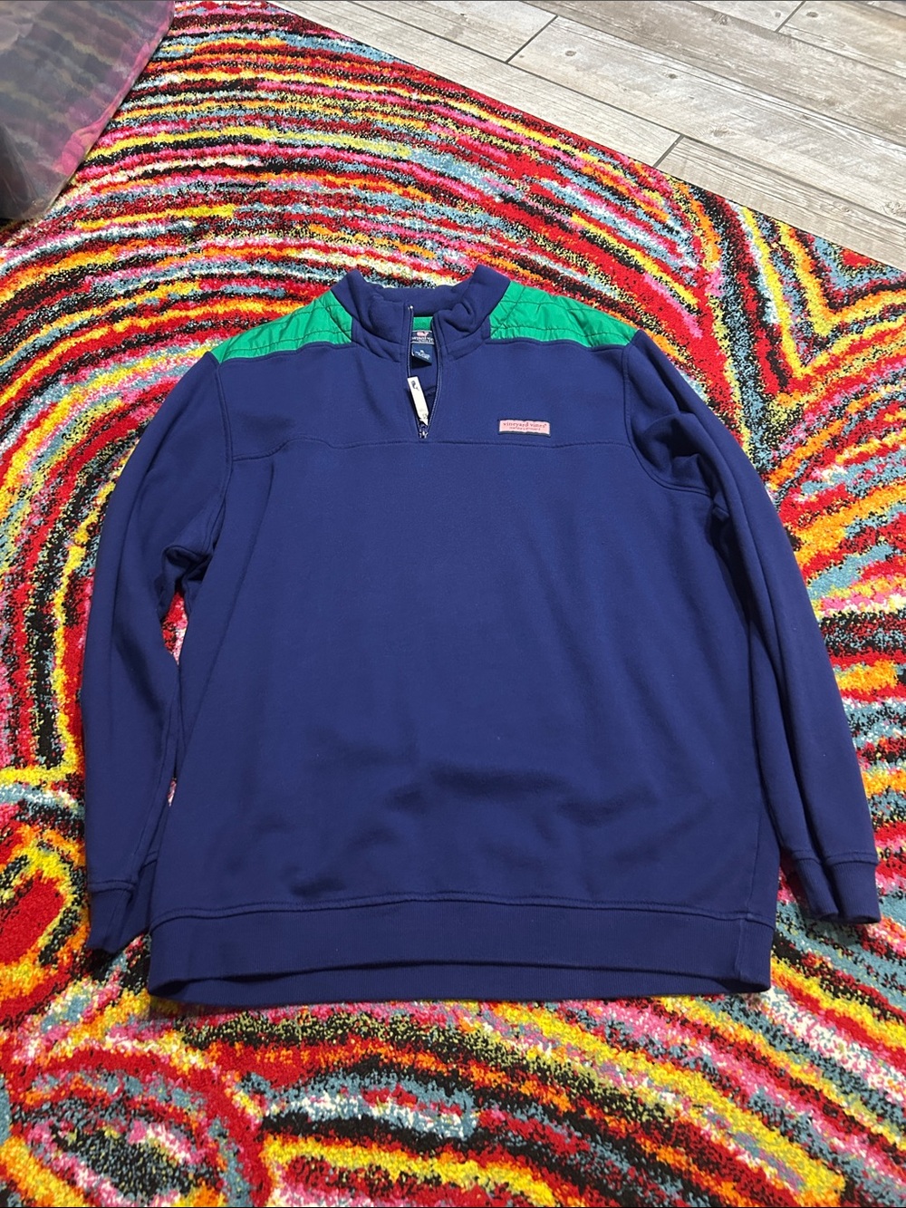 Vineyard Vines Navy Quarter-Zip Pullover with Green Shoulder Accents